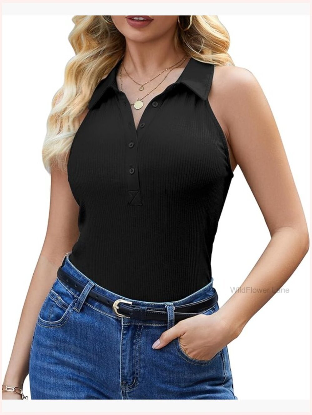 Ribbed-Knit Sleeveless Polo Tank Top V-Neck Button Down Blouse